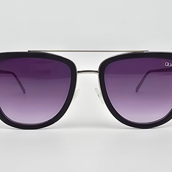 Quay Australia French Kiss Silver Black Frame Smoke Flat Lens Aviator Sunglasses - Picture 3 of 16